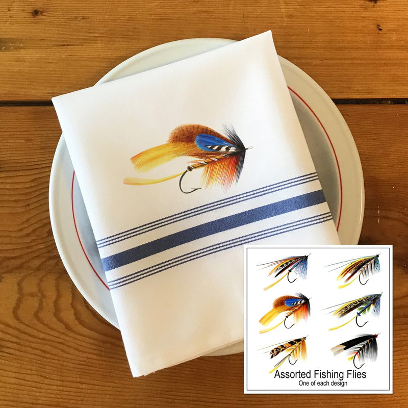 Bistro/Farmhouse Napkins with Blue Stripes: Assorted Fishing Flies (Set of 6)