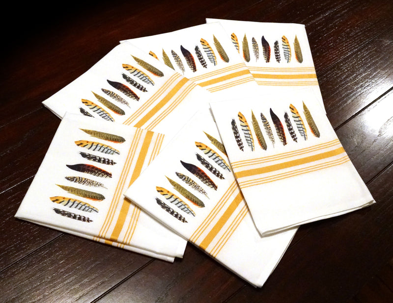 Bistro/Farmhouse Napkin with Gold Stripes: Pheasant Feathers (Set of 6)