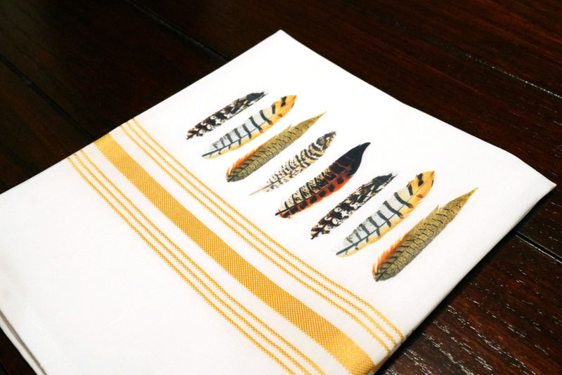 Bistro/Farmhouse Napkin with Gold Stripes: Pheasant Feathers (Set of 6)